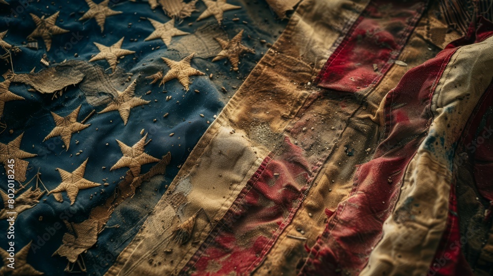 An intimate close-up of a weathered American flag, its stripes and stars shining with tales of past and present adventures across America, isolated setting