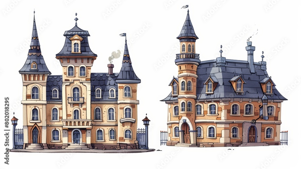 Modern illustration of an old stone residential-government building, and Victorian house in retro colonial style on white background.