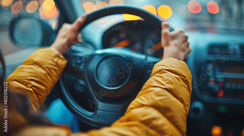 Driving Lesson point of view - POV -  Shot of a young teenager, Capture the experience of driving lessons with a close-up shot. Photograph hands firmly gripping the steering wheel.  photo