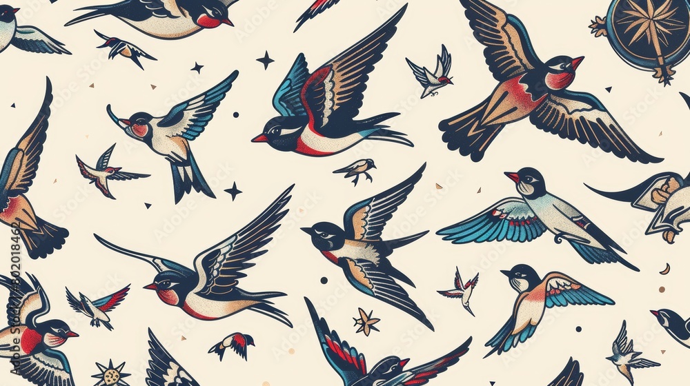An array of old-school tattoos with swallows and maritime elements, boldly outlined and brightly colored, showcased on an isolated plain background An array of old-school tattoos with swallows and maritime elements, boldly outlined and brightly colored, showcased on an isolated plain background