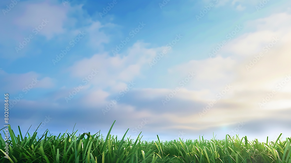 Early morning blue sky, green grass, realistic, panoramic lens, distant view Early morning blue sky, green grass, realistic, panoramic lens, distant view