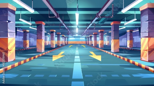 An empty basement garage with columns, road markings for automobiles, and guiding arrows for parking. Modern cartoon interior of a mall or a city home parking lot.