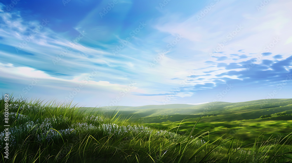 Early morning blue sky, green grass, realistic, panoramic lens, distant view