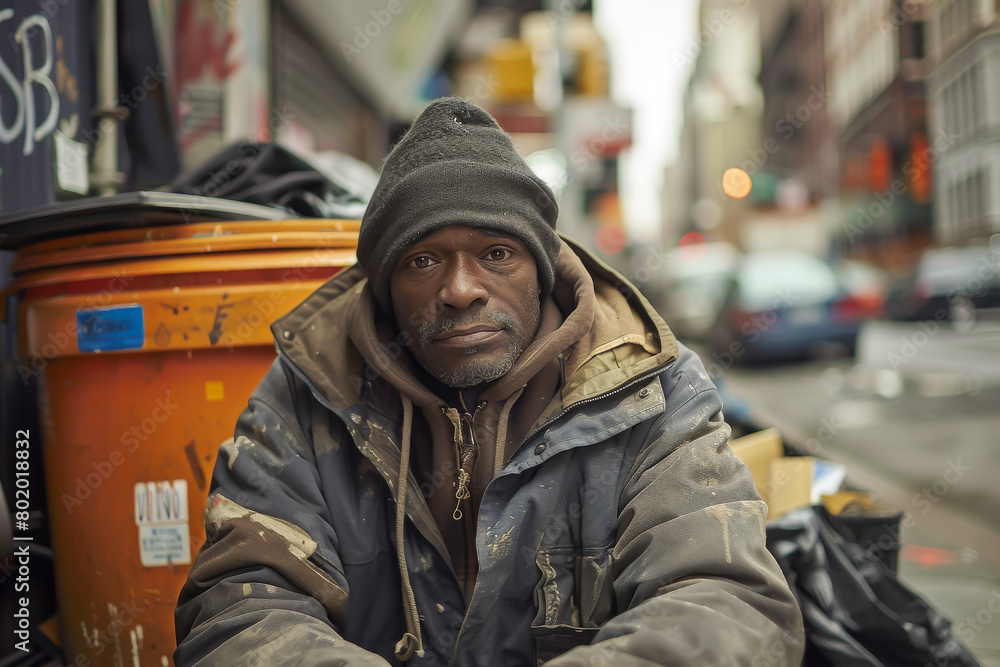 A man wearing a hat and a jacket sits on the ground A man wearing a hat and a jacket sits on the ground