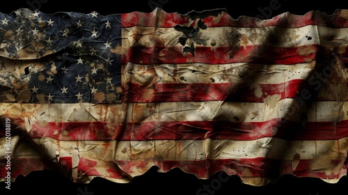 American flag, battle-worn yet resilient, symbolizing unity and the spirit of exploration, against a simple isolated background