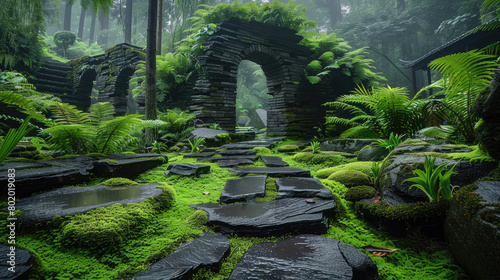 An outdoor fern and bonsai garden with dark stone pathways large ruin stone walkways covered in moss  ruins  black concrete  moss  ferns. Generative AI.