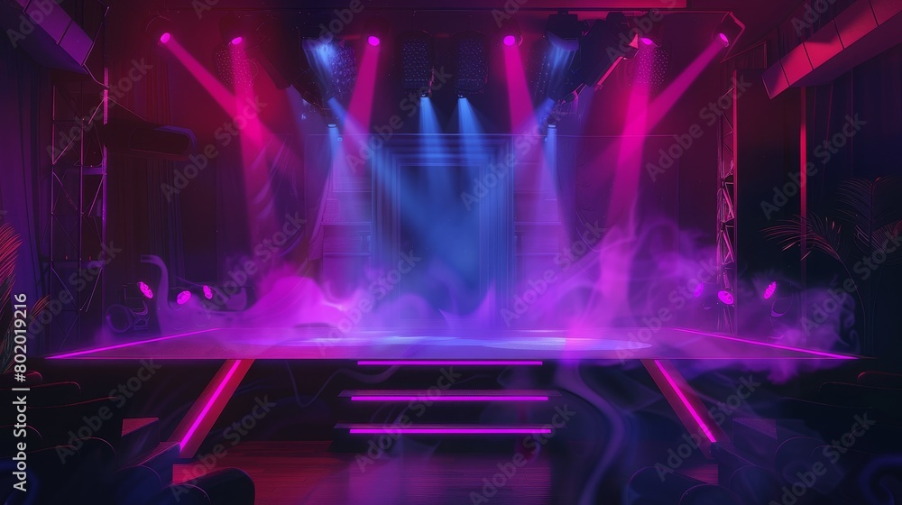 A stage illuminated by spotlights with smoke effects, empty stage for a presentation, fashion show or award ceremony, interior of a studio theater, 3D modern illustration.
