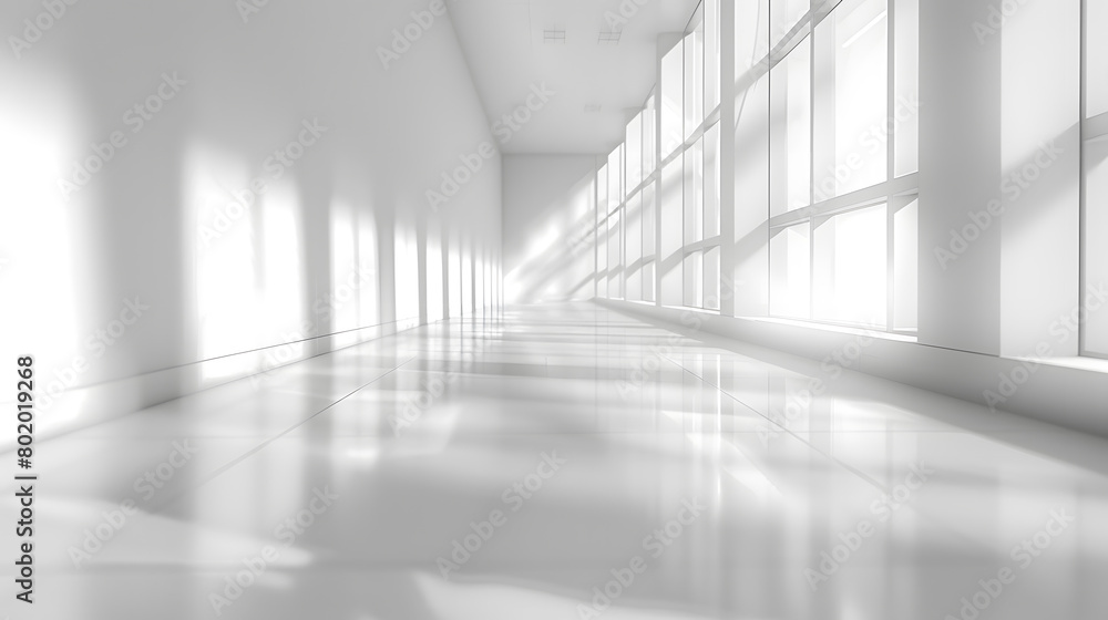 A grey monochrome hallway with parallel windows, flooring, and glass symmetry