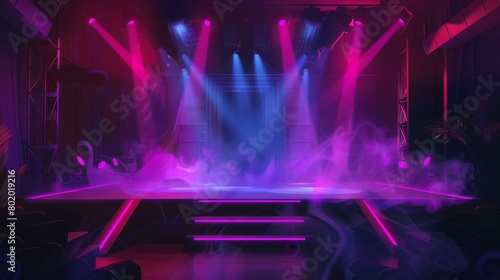 A stage illuminated by spotlights with smoke effects  empty stage for a presentation  fashion show or award ceremony  interior of a studio theater  3D modern illustration.
