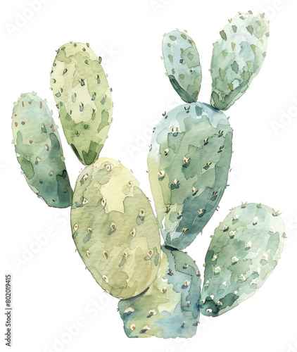 Watercolor illustration of a verdant prickly pear cactus