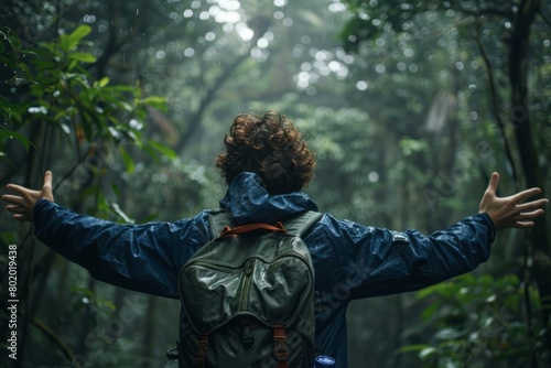 A Solo traveler backpacker opening his arms arriving at the forest,, embracing the nature, enjoying the travel, travelers life photo