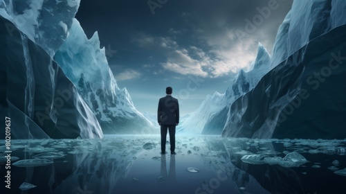 A focused businessman in a suit stands and looking at massive iceberg ahead, symbolizing the unseen challenges and potential risks in his business journey