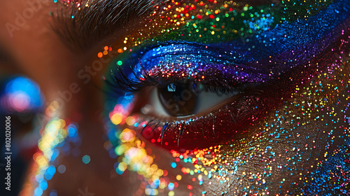 Rainbow Pride Makeup Close-Up, Capture the beauty and vibrancy of rainbow-inspired makeup in a close-up shot. Photograph the intricate details of makeup artistry