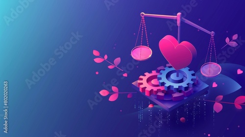 Isometric landing page with heart and gears. Decision between house and job, career or family, business or love, financial stability and peace of mind. photo
