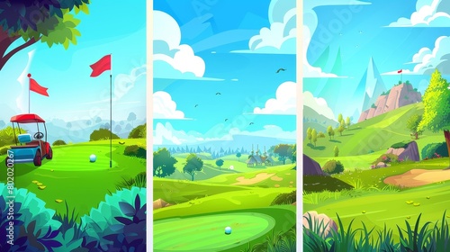 Grass, flag, putter, cart and tee on modern cartoon banners for advertisement of golf tournaments. Golf club vertical banner with golf club, cart, tee and player.