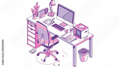 Workplace with computer table, monitor and litter bin, desk with computer, desk for freelancer, businessman, analyst, web banner line art, 3D modern illustration.
