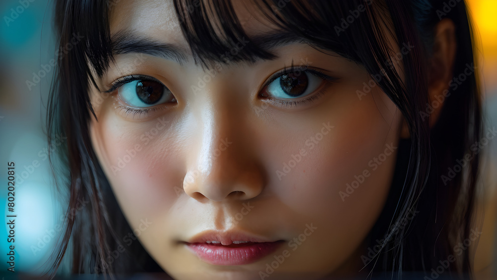 Portrait of a woman focused on her smartphone, ambient lighting casts a soft glow on her skin, focusing on the interplay of emotions and technology Portrait of a woman focused on her smartphone, ambient lighting casts a soft glow on her skin, focusing on the interplay of emotions and technology