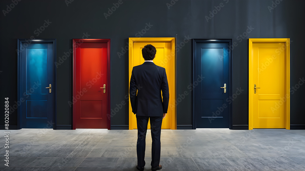 Fototapeta premium Businessman standing in contemplation before a set of vibrant doors each representing unique opportunities