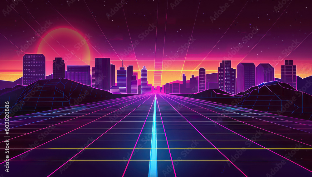 A digital landscape with neon grid lines and geometric shapes, representing the futuristic world of '80s video games. Generative Ai Image.