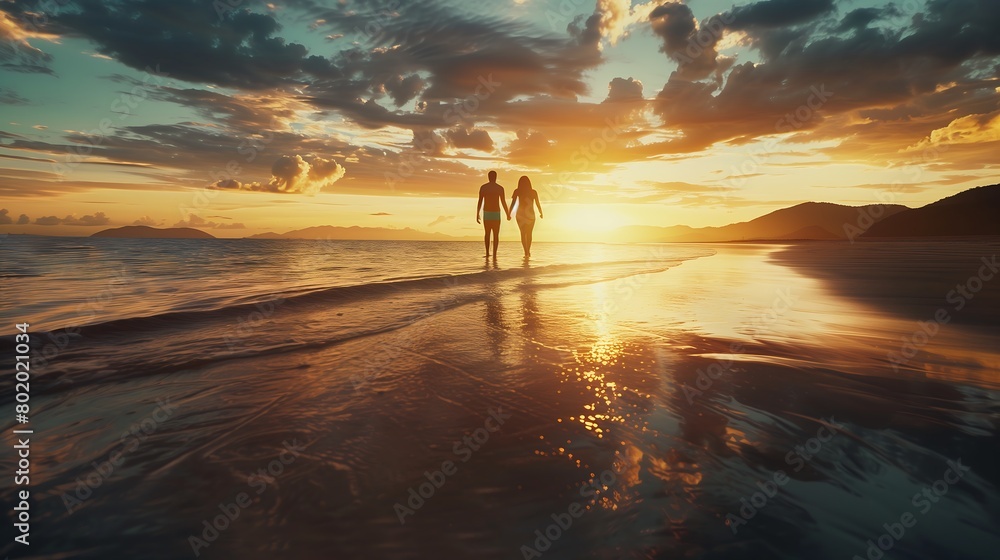 Silhouette of a man and woman couple walking on the beach by the sea
