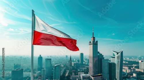 Polish national flag against skyscrapers in Warsaw city center, aerial landscape under blue sky photo
