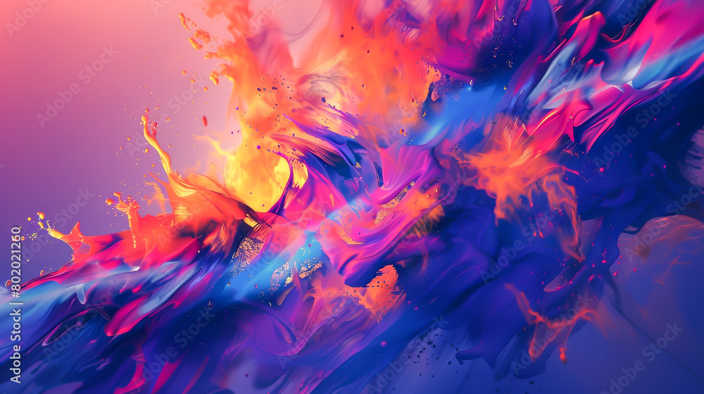 A colorful explosion of paint splatters with a blue and orange swirl