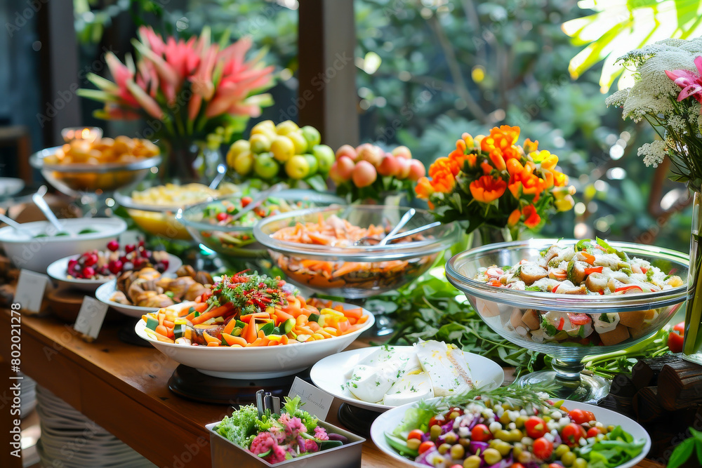 A table is covered with a variety of food, including salads, fruits