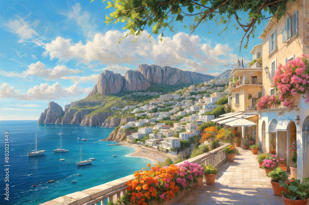 vibrant oil painting style depiction of a sunny summer day in Capri with coastal views