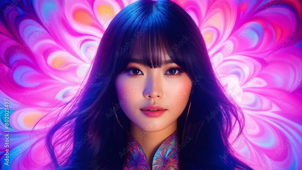Portrait of an Asian girl whose beauty resembles a 70's psychedelic dreamscape. High-key lighting is juxtaposed with surreal elements to highlight her charm. Portrait of an Asian girl whose beauty resembles a 70's psychedelic dreamscape. High-key lighting is juxtaposed with surreal elements to highlight her charm.