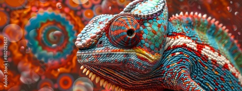 A humorous illustration of a chameleon blending into a background filled with clashing patterns, creating confusion about where the chameleon is actually hiding. photo