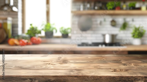Kitchen Table Cooking. Wooden Tabletop on Blurred Kitchen Counter Background © AIGen