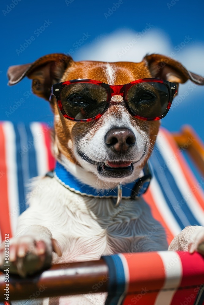 Cartoon dog in sunglasses and hat relaxing on beach chair with drink, epitomizing summer vacation