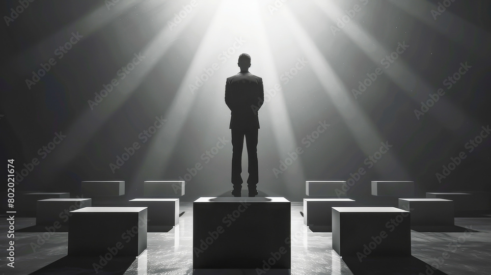 Fototapeta premium A man stands on a platform in front of a group of boxes