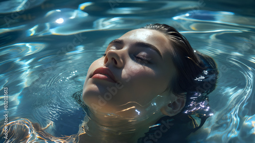 Close-up of a woman with closed eyes, floating serenely in a swimming pool, water lapping gently around her face, backlighting creates an ethereal glow on her face, the blue light of the sky is reflec photo