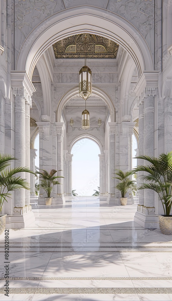 Elegant ramadan kareem abstract islamic interior featuring lanterns, arches, doors, and plants Elegant ramadan kareem abstract islamic interior featuring lanterns, arches, doors, and plants