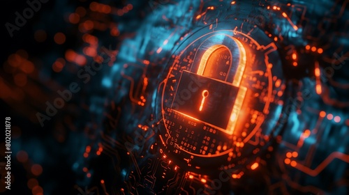 An image of a front-view padlock in a shield that deters hackers and cybercrime using artificial intelligence Using a digital mirrorless camera, light on icons, light blue and orange tone, 
