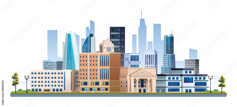 Modern city buildings with trees vector illustration. Cityscape isolated on white background