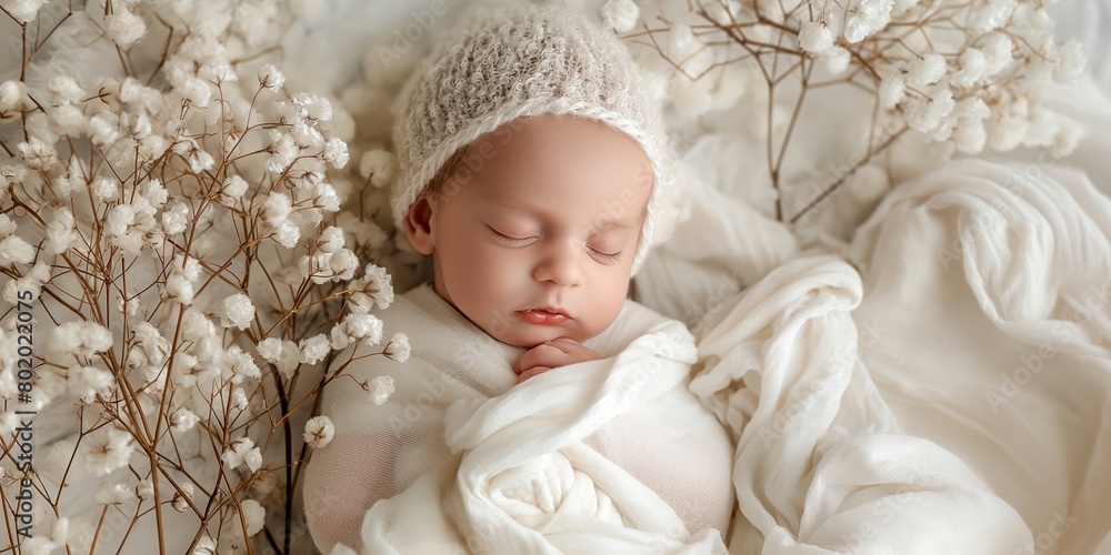 Newborn baby sleeping peacefully wrapped in white fabric with gauzy hat surrounded by white flowers Newborn baby sleeping peacefully wrapped in white fabric with gauzy hat surrounded by white flowers
