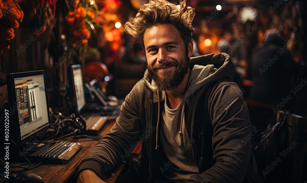 Man With Beard Working on Computer Man With Beard Working on Computer