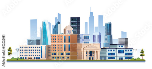 Modern city buildings with trees vector illustration. Cityscape isolated on white background © YG Studio