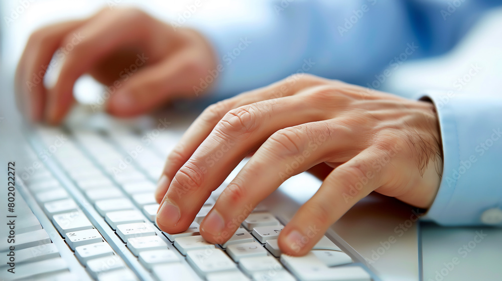 Close-up of hands on a keyboard of a desktop computer or laptop being used by an office worker while working in a corporate business workplace, stock illustration image Close-up of hands on a keyboard of a desktop computer or laptop being used by an office worker while working in a corporate business workplace, stock illustration image