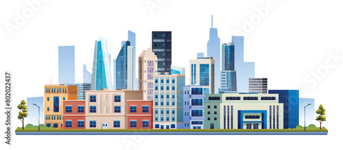 Urban city buildings with trees vector illustration. Cityscape isolated on white background © YG Studio
