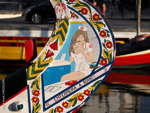 Aveiro Moliceiro boat gondola detail Traditional boats on the canal, Portugal. photo