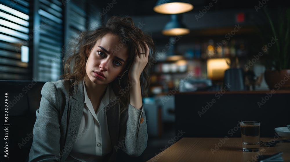 Young sad woman in office, having problem
