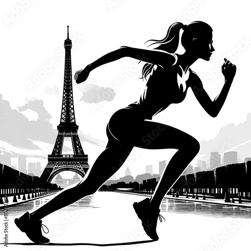 Silhouette of female athlete sprinting in front Eiffel Tower. Sports games © LiliGraphie