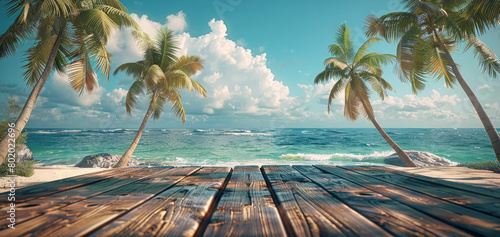 A tranquil scene of a wooden table overlooking coconut palm trees swaying gently in the ocean breeze  capturing the essence of summer holidays. Generative AI.