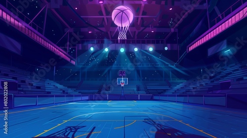 Nighttime basketball court interior with scoreboard, hoop, and empty audience seats. Indoor stadium with moonlight, cartoon modern illustration.