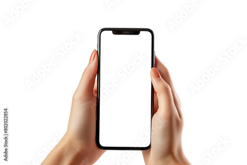 Women's hands holding smartphone blank copy space screen. smartphone with blank white screen isolated on transparent background With clipping path. cut out. 3d render