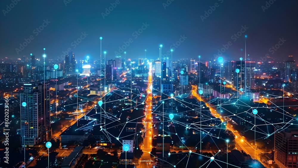 Futuristic smart city with advanced technology like IoT 5G and cybersecurity. Concept Futuristic Smart City, Advanced Technology, IoT 5G, Cybersecurity, Urban Innovation