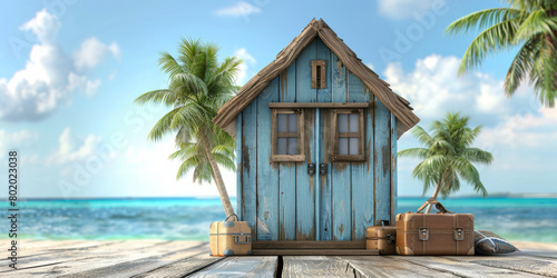 A blue house with a wooden door